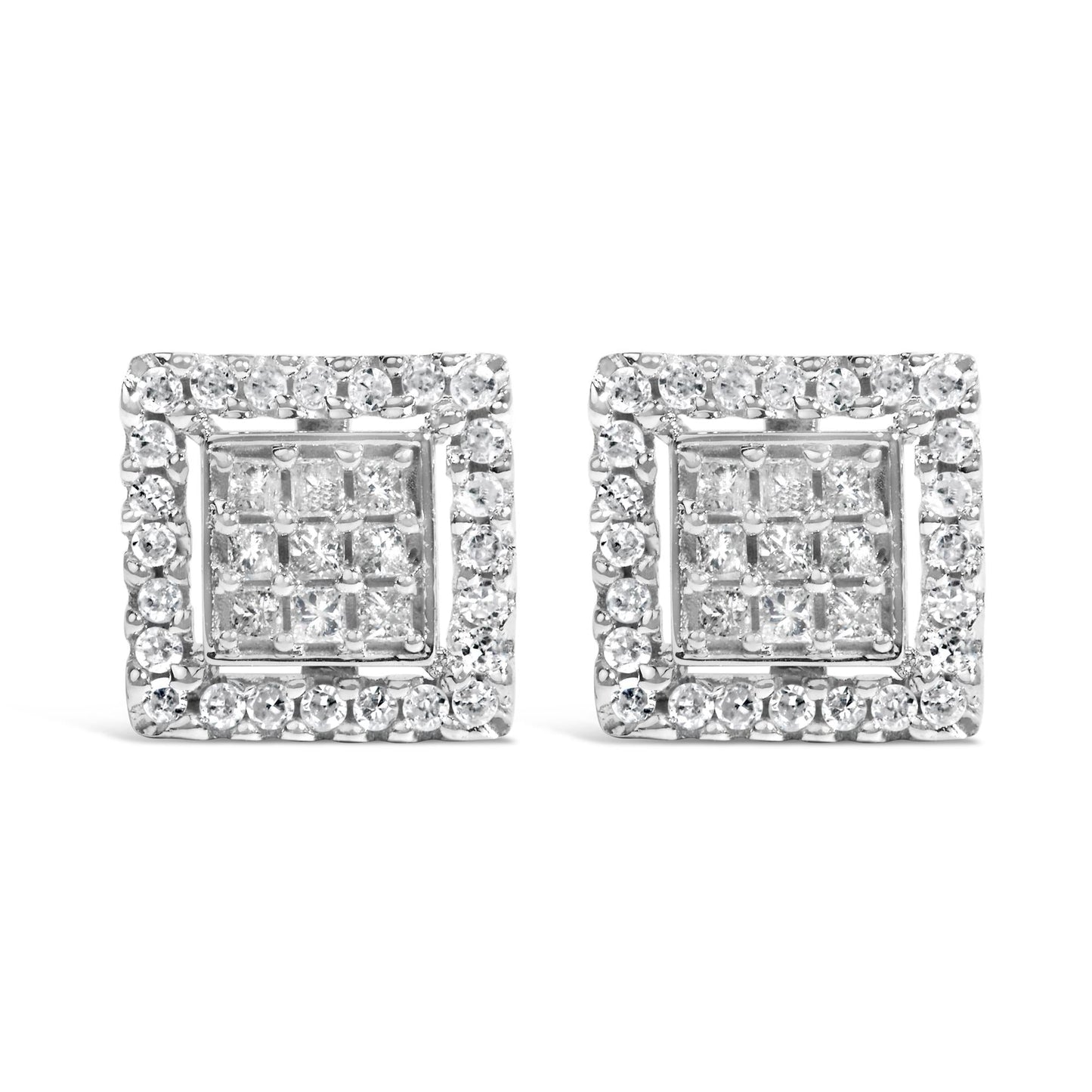 10K White Gold 3/4 Cttw Princess Diamond Composite and Halo Stud Earring (H-I Color, SI2-I1 Clarity)
