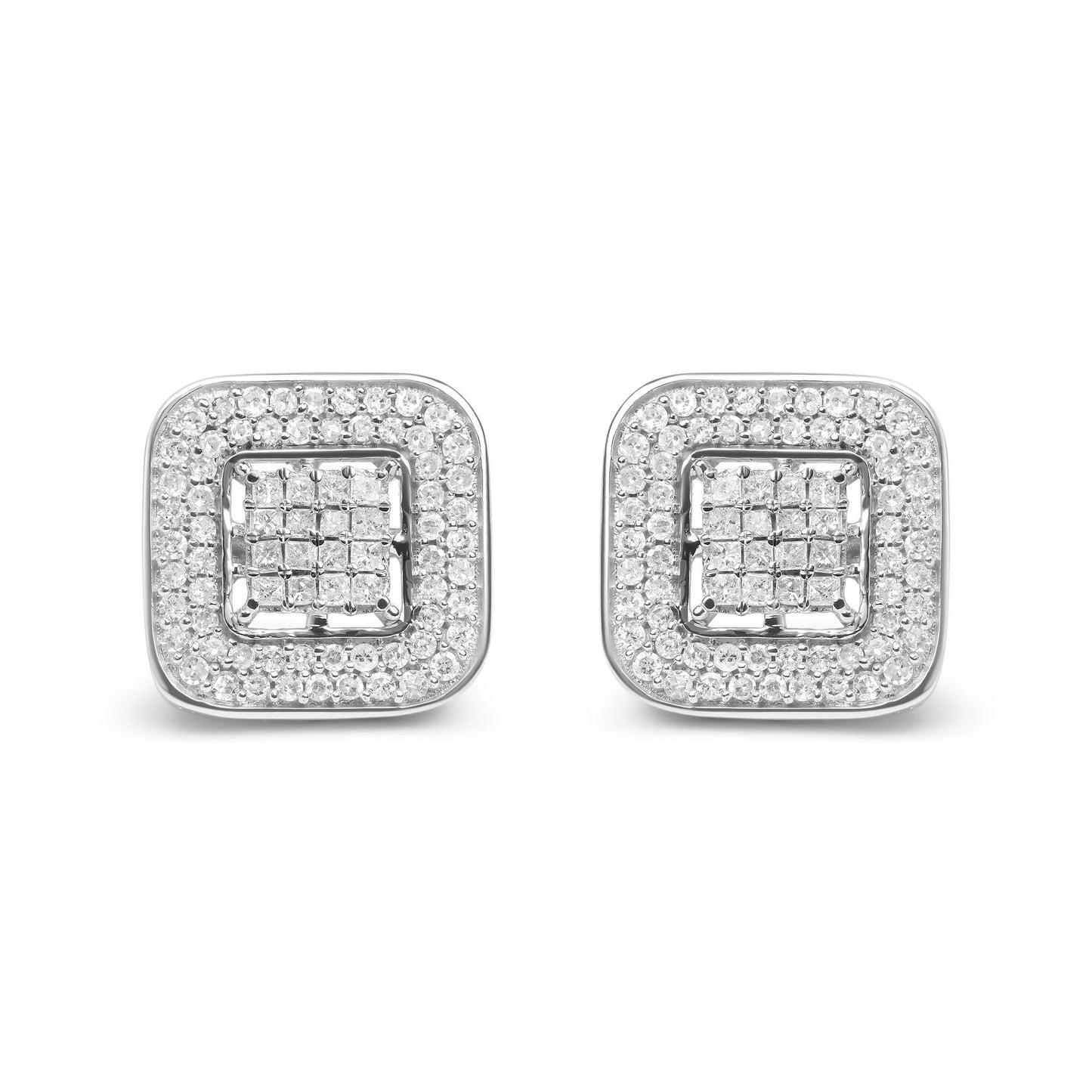 10K White Gold 1.0 Cttw Round and Princess Cut Diamond Composite Open Halo Stud Earrings (H-I Color, SI1-SI2 Clarity)