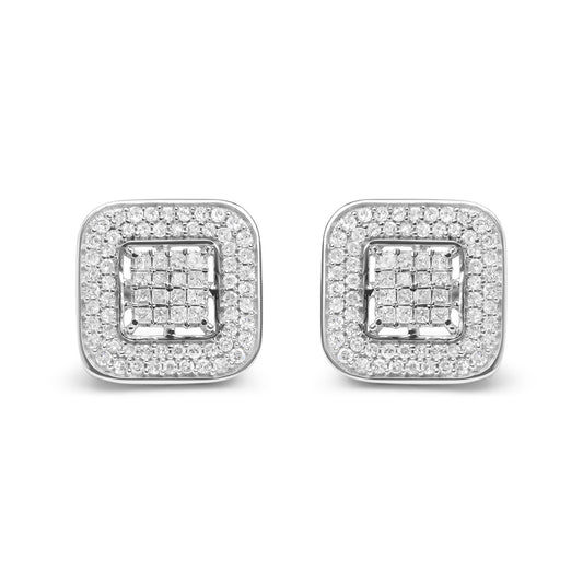 10K White Gold 1.0 Cttw Round and Princess Cut Diamond Composite Open Halo Stud Earrings (H-I Color, SI1-SI2 Clarity)