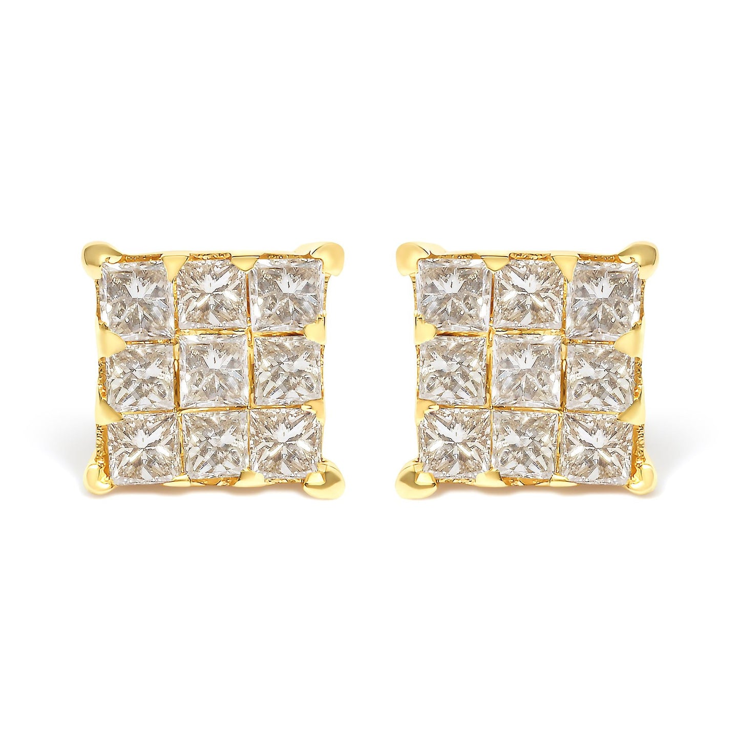 14K Yellow Gold 3/4 Cttw Invisible Set Princess-Cut Diamond 9 Stone Square Stud Earrings (J-K Color, SI2-I1 Clarity)
