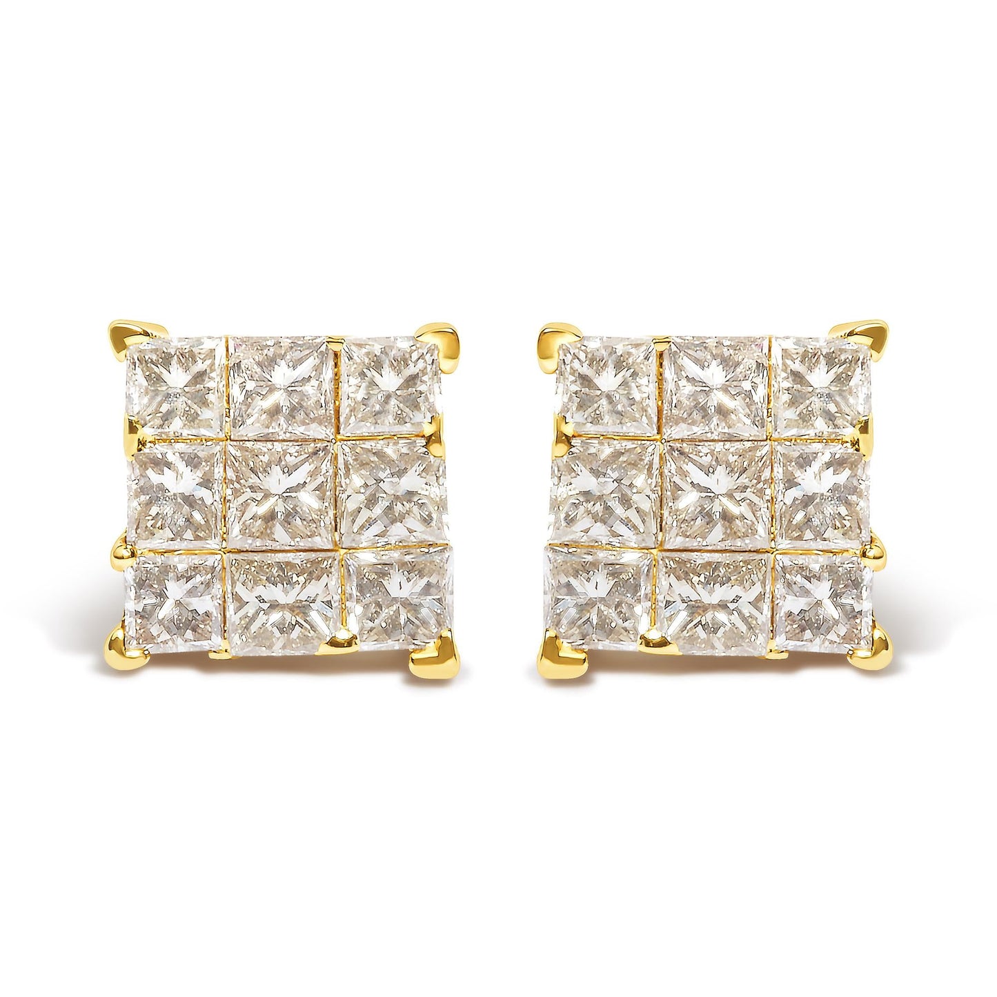 14K Yellow Gold 1.0 Cttw Invisible Set Princess-Cut Diamond 9 Stone Square Stud Earrings (J-K Color, SI2-I1 Clarity)