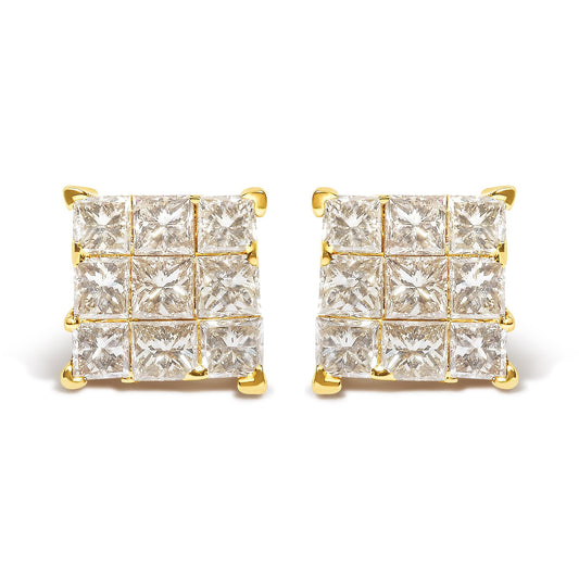 14K Yellow Gold 1.0 Cttw Invisible Set Princess-Cut Diamond 9 Stone Square Stud Earrings (J-K Color, SI2-I1 Clarity)