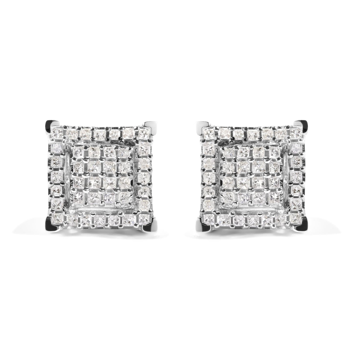 10K White Gold 1 1/4 Cttw Princess Diamond Composite Double Square and Halo Stud Earrings (I-J Color, I1-I2 Clarity)