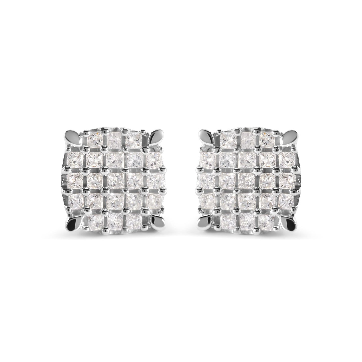 10K White Gold 3/4 Cttw Princess Diamond Composite Cushion Shape Stud Earrings (I-J Color, I1-I2 Clarity)