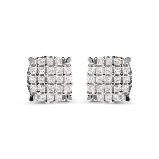 10K White Gold 3/4 Cttw Princess Diamond Composite Cushion Shape Stud Earrings (I-J Color, I1-I2 Clarity)