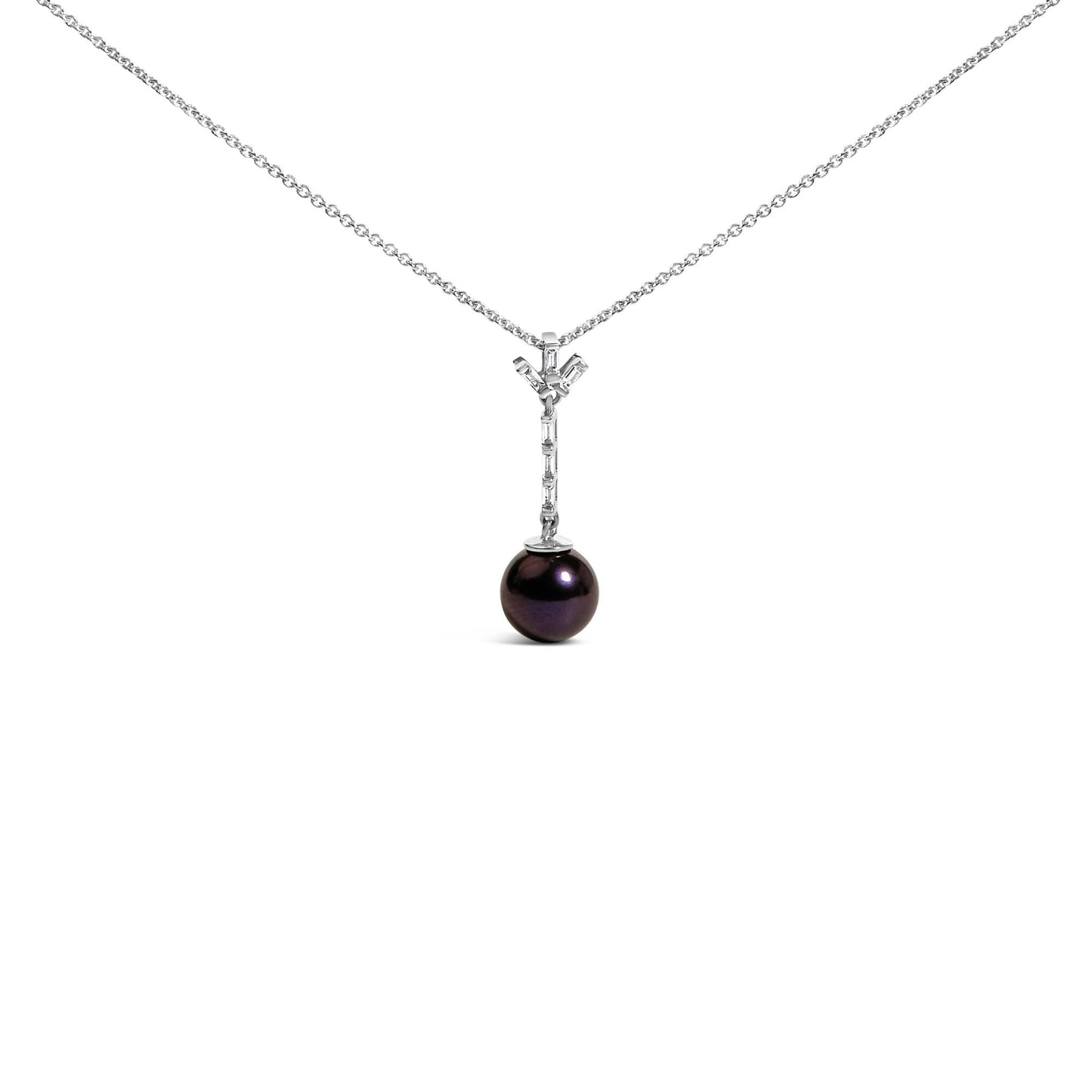 .925 Sterling Silver 8mm Black Pearl and Created White Sapphire Pendant Pendant Necklace
