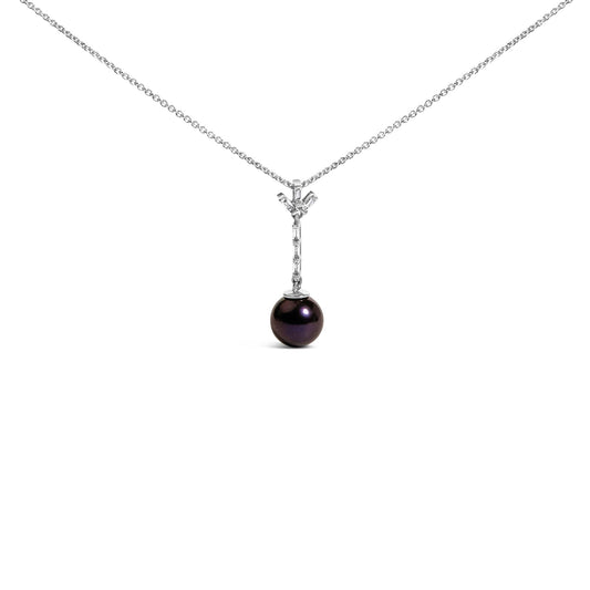 .925 Sterling Silver 8mm Black Pearl and Created White Sapphire Pendant Pendant Necklace
