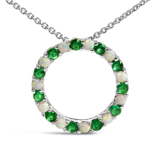 .925 Sterling Silver Alternating Created Green Emerald and Opal Circle Pendant Necklace