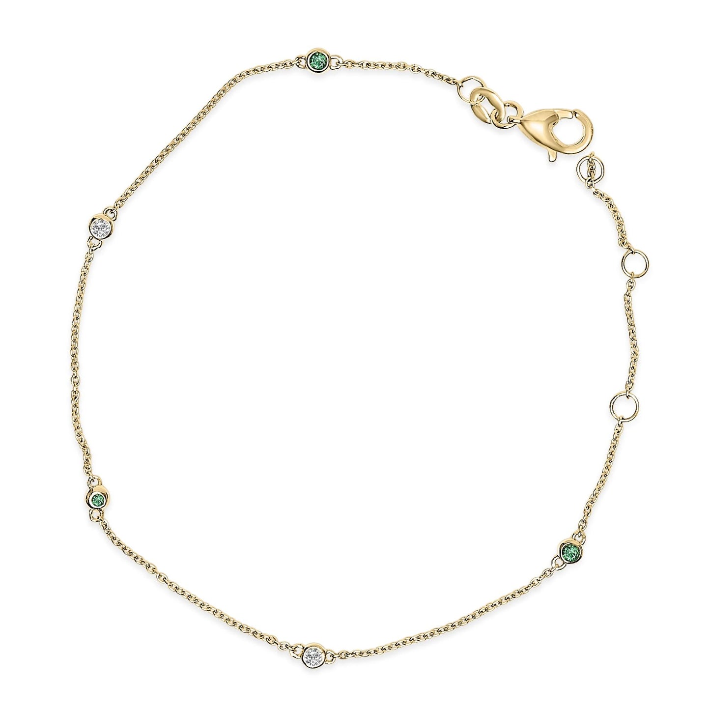 14K Yellow Gold Alternating Green Emerald and Diamond Bezel Station Chain Bracelet - Size 7.5 inch