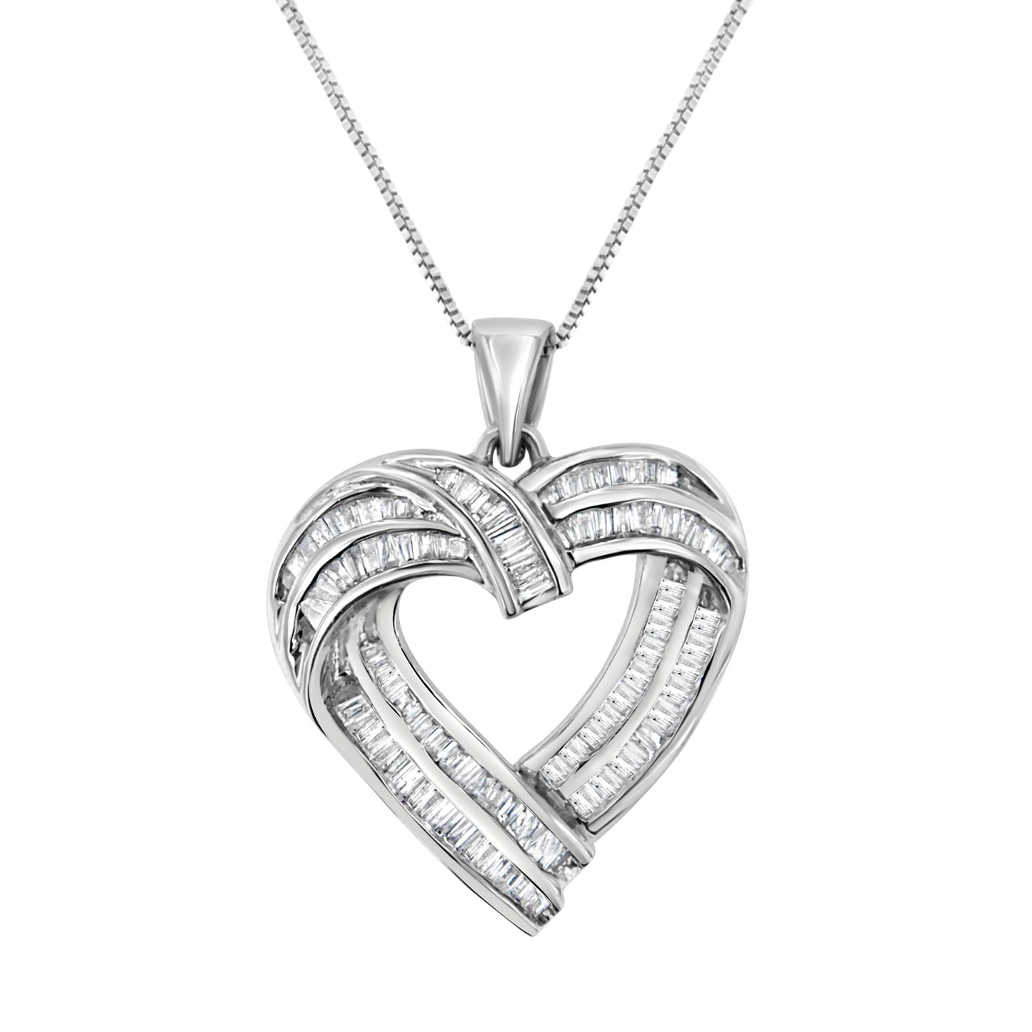 Sterling Silver 7/8 cttw Baguette Diamond Heart Pendant Necklace (I-J, I2-I3)