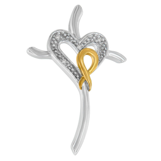 10K Yellow and White Gold Plated .925 Sterling Silver 1/25 Cttw Diamond Heart-Cross 18" Pendant Necklace (H-I Color, I2-I3 Clarity)