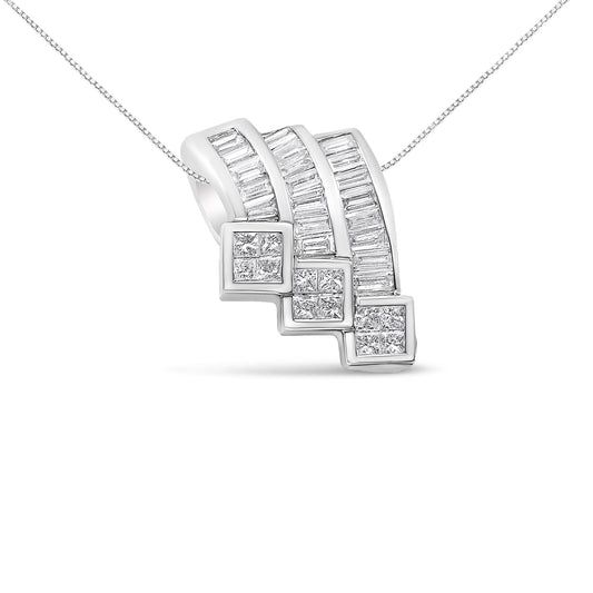 14K White Gold 1 1/2 Cttw Invisible Set Princess and Channel Set Baguette-cut Diamond Triple Curve Pendant Necklace (G-H Color, SI1-SI2 Clarity) - NO CHAIN INCLUDED