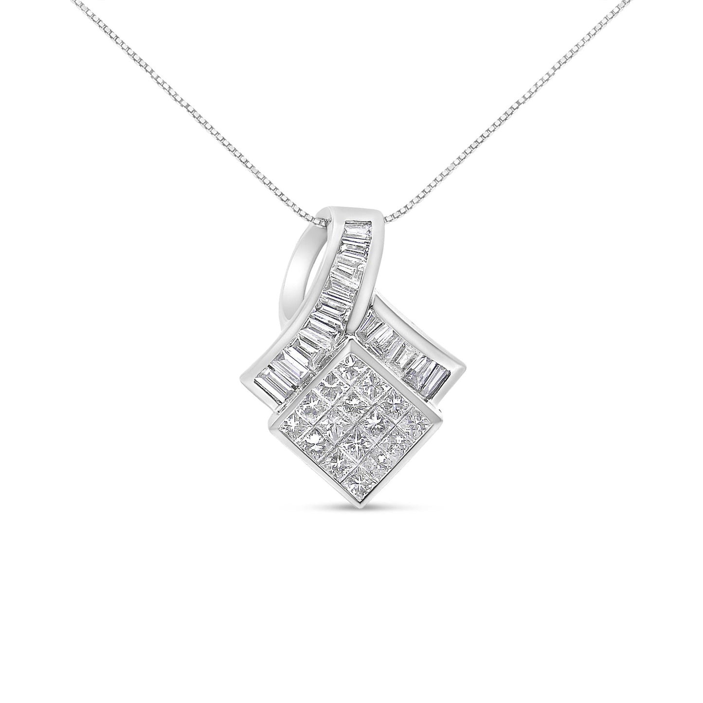 14k White Gold 2 1/10 Cttw Princess and Baguette Geometric Designed Diamond Pendant Necklace (G-H Color, VS1-VS2 Clarity) - NO CHAIN INCLUDED