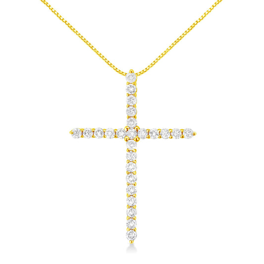 10K Yellow Gold 2.0 Cttw Round Brilliant Cut Diamond Cross Pendant Necklace with Box Chain (J-K Color, I2-I3 Clarity) - 18"