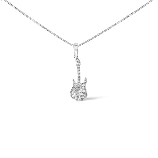 .925 Sterling Silver 1/10 Cttw Diamond Studded Guitar Pendant Necklace (I-J Color, I2-I3 Clarity) - 18" Inches