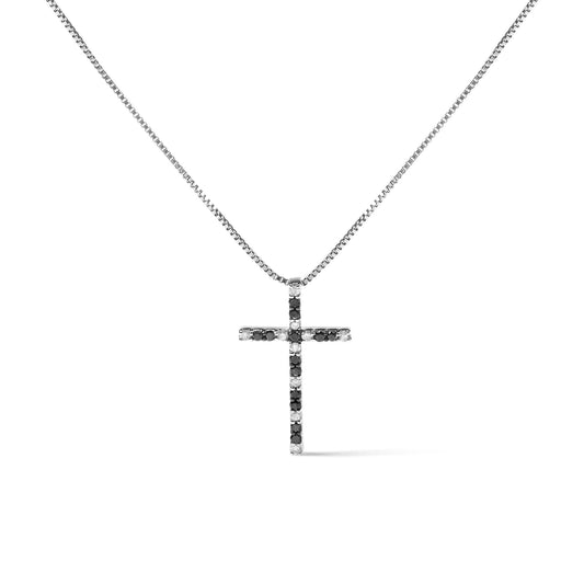 .925 Sterling Silver 1/4 Cttw Black and White Diamond Cross 18" Pendant Necklace (H-I Color, I2-I3 Clarity)
