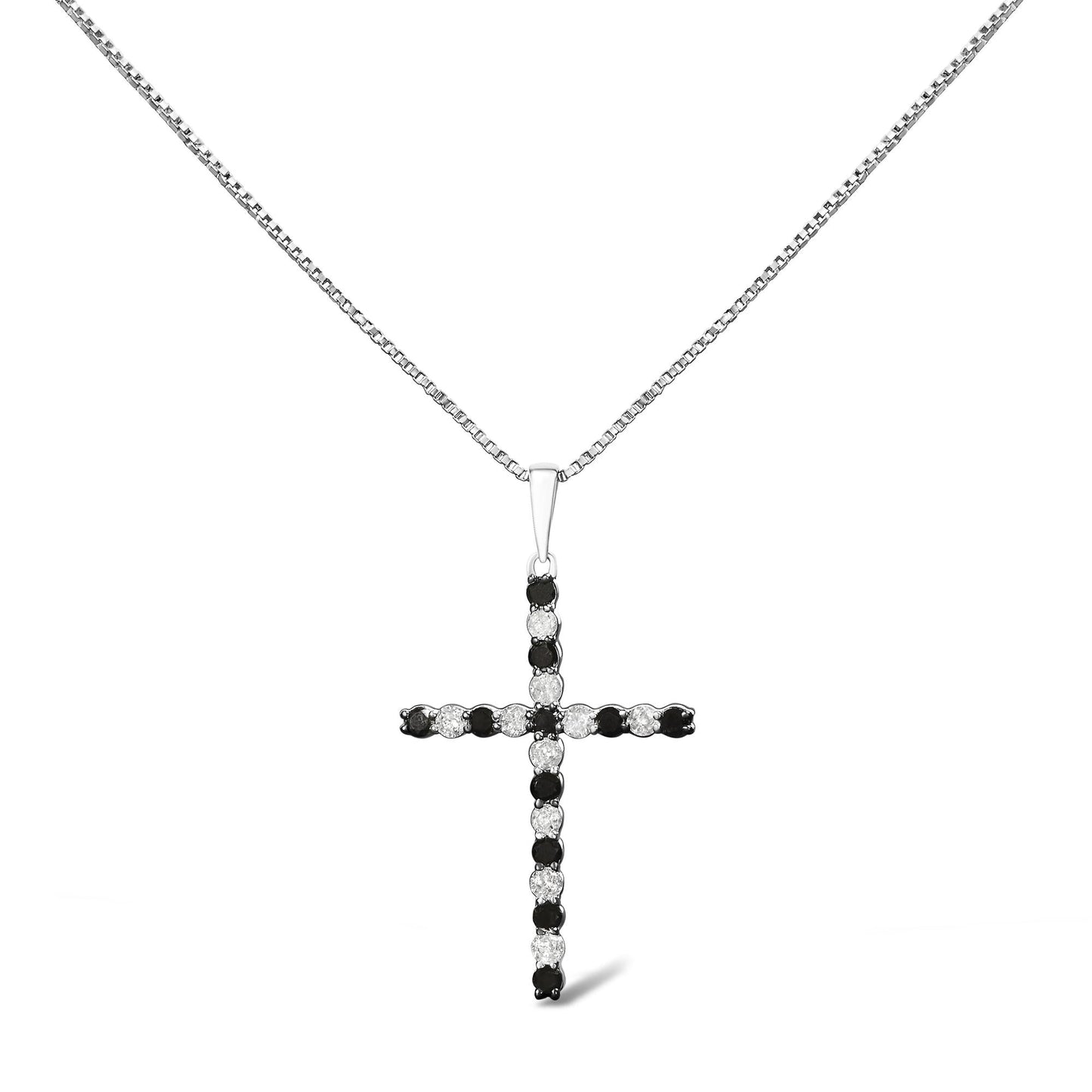 .925 Sterling Silver 1/2 Cttw Alternating Black and White Diamond Cross Pendant Necklace (H-I Color, I2-I3 Clarity) - 18" Inches