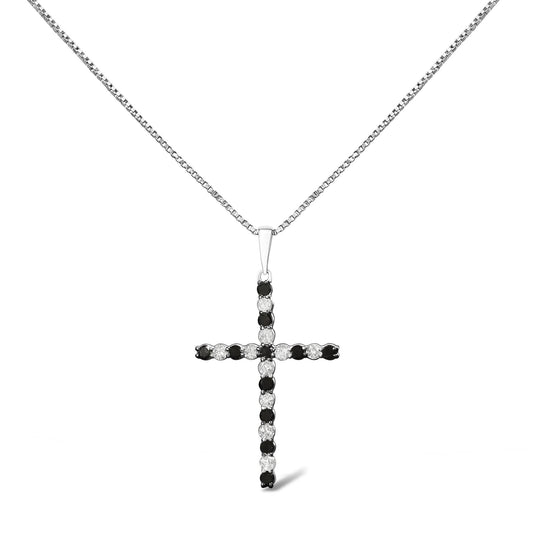 .925 Sterling Silver 1/2 Cttw Alternating Black and White Diamond Cross Pendant Necklace (H-I Color, I2-I3 Clarity) - 18" Inches