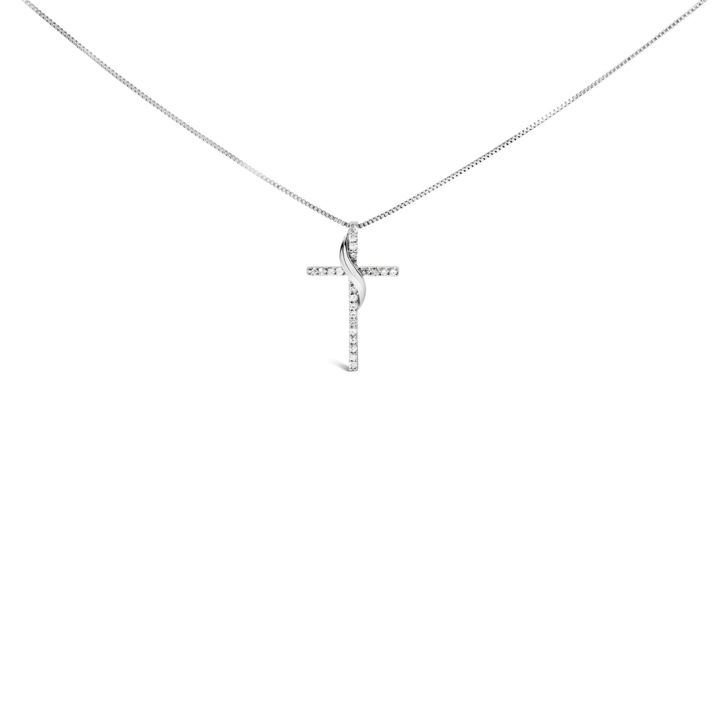 .925 Sterling Silver 1/4 Cttw Diamond Ribbon Swirl over Cross Pendant Necklace (H-I Color, I2-I3 Clarity) - 18" Inches