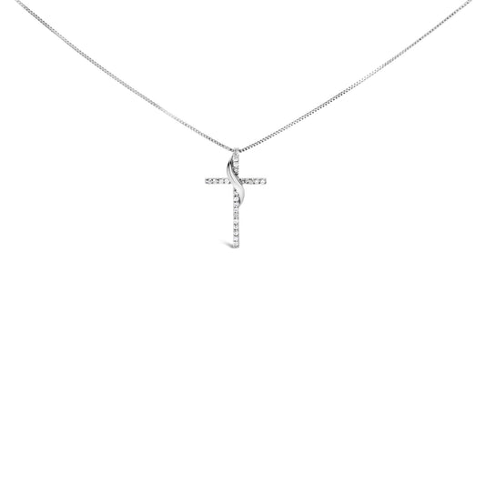 .925 Sterling Silver 1/4 Cttw Diamond Ribbon Swirl over Cross Pendant Necklace (H-I Color, I2-I3 Clarity) - 18" Inches