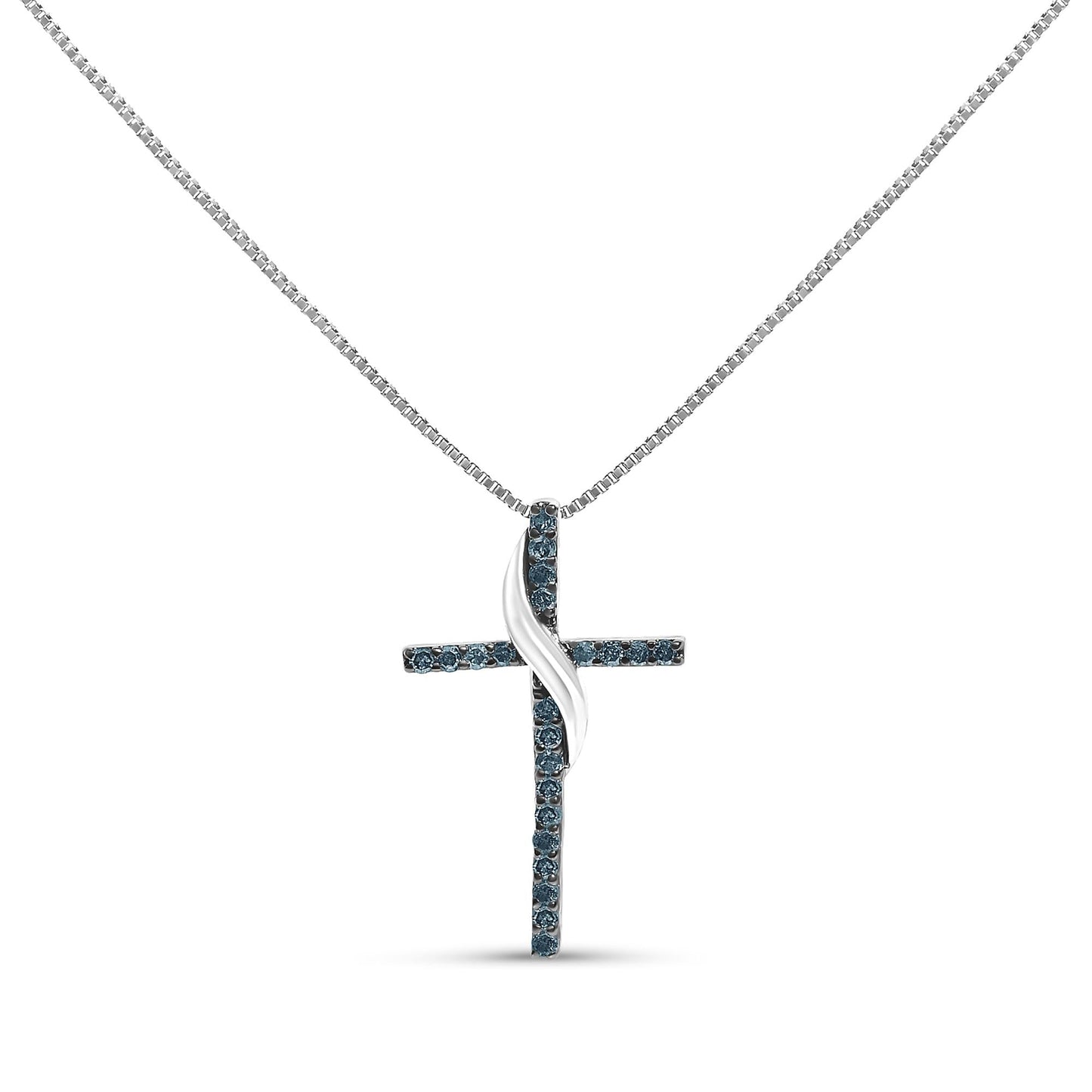 .925 Sterling Silver 1/4 Cttw Blue Diamond Ribbon Swirl over Cross Pendant Necklace (Blue Color, I2-I3 Clarity) - 18" Inches