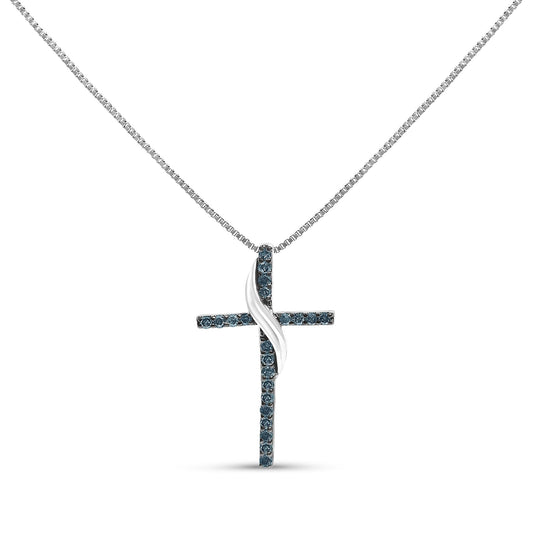 .925 Sterling Silver 1/4 Cttw Blue Diamond Ribbon Swirl over Cross Pendant Necklace (Blue Color, I2-I3 Clarity) - 18" Inches