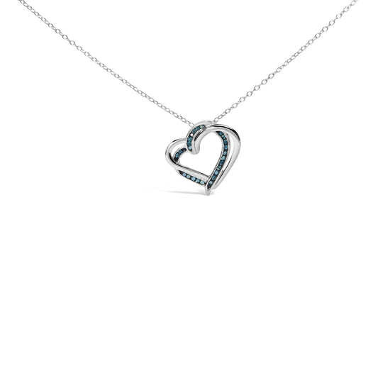 925 Sterling Silver 1/10 Cttw Treated Blue Diamond Double Heart 18" Pendant Necklace (Blue Color, I2-I3 Clarity)
