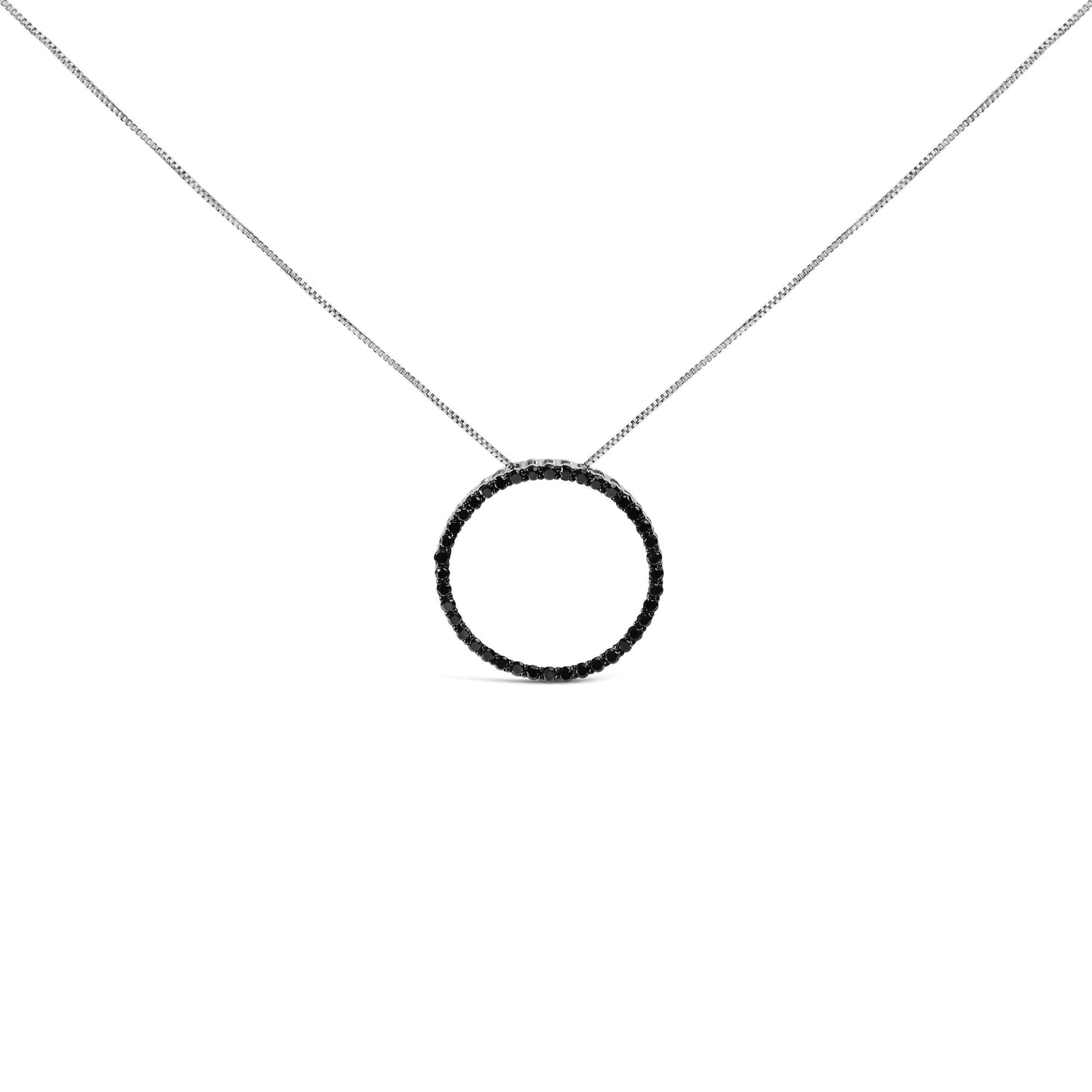 .925 Sterling Silver Black Diamond Open Hoop Circle 18" Pendant Necklace (Black Color, I2-I3 Clarity)
