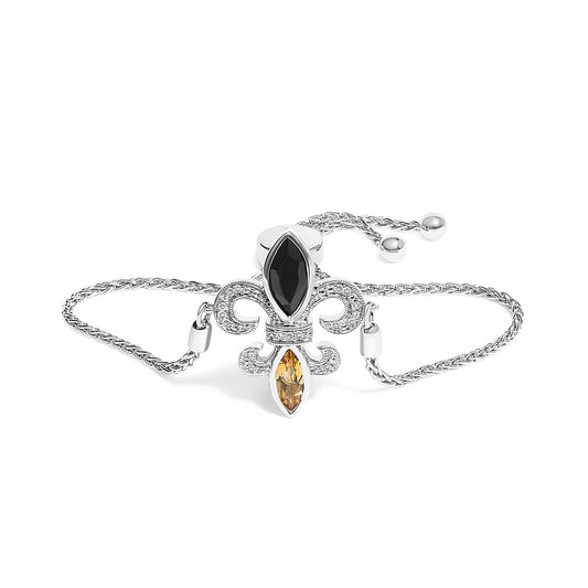 .925 Sterling Silver Marquise Black Onyx, Orange Citrine, and Diamond Accent Lariat 4”-10” Fleur De Lis Adjustable Bolo Bracelet (I-J Color, I1-I2 Clarity) - 7"