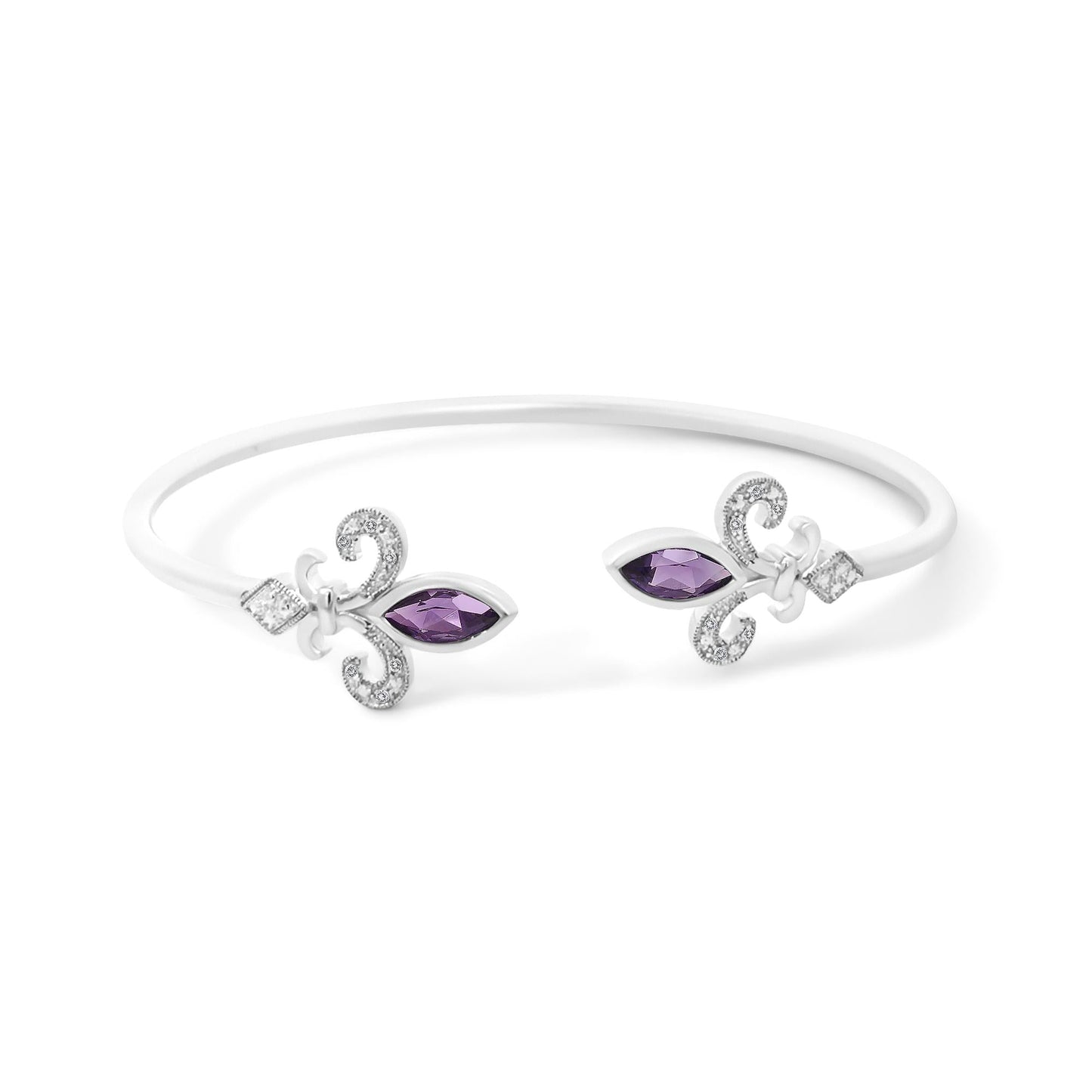 .925 Sterling Silver 8X4MM Marquise Purple Amethyst and Diamond Accent Fleur Di Lis Open Cuff Bangle (I-J Color, I1-I2 Clarity) - 7"