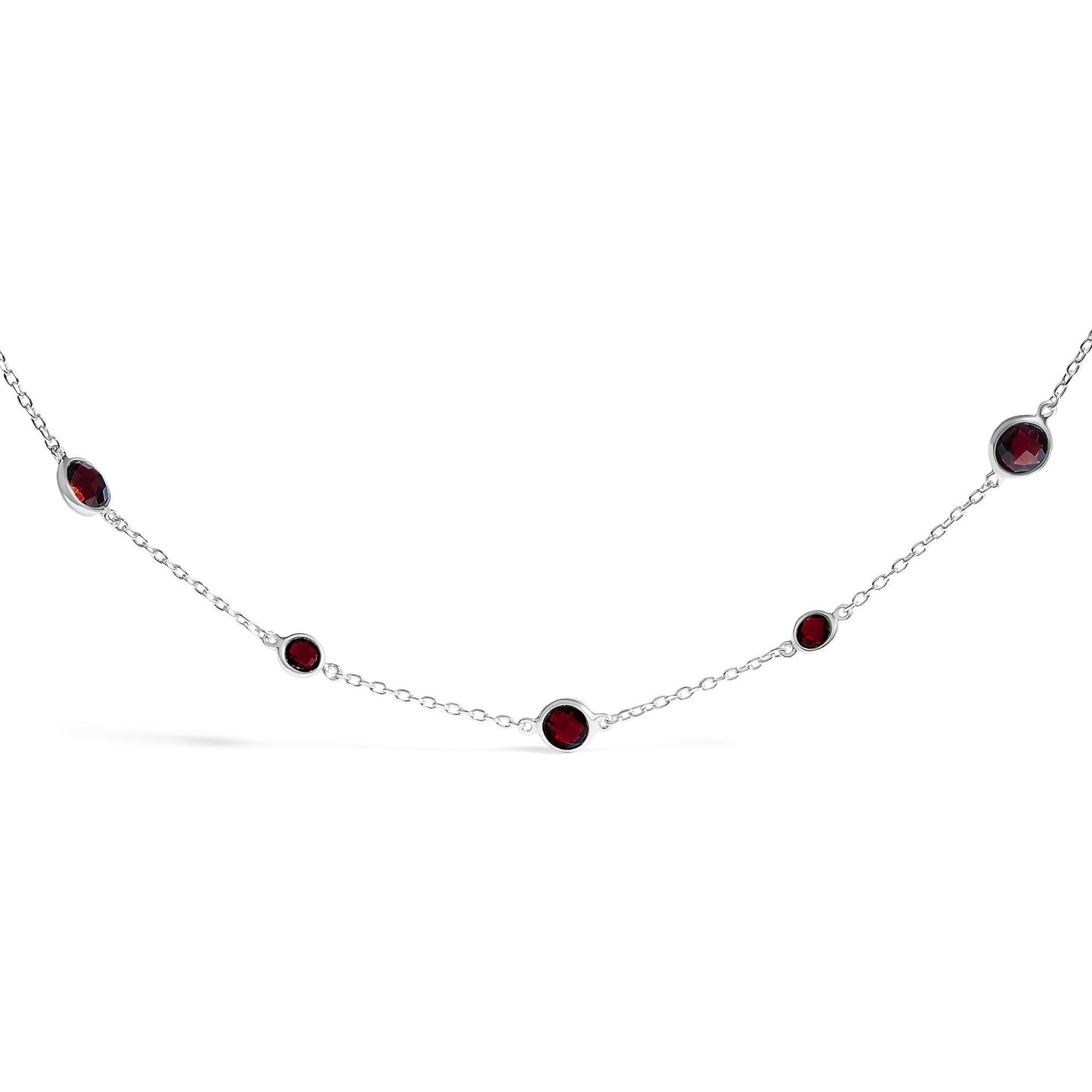 .925 Sterling Silver Checkerboard Cut Red Garnet Bezel Station Necklace - 22" Inches