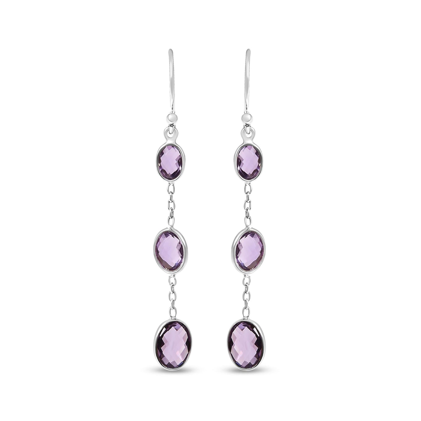 .925 Sterling Silver Checkerboard Cut Oval Purple Amethyst 2" Inch Drop and Dangle Earrings