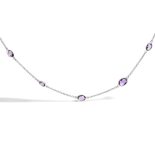 .925 Sterling Silver Checkerboard Cut Purple Amethyst Bezel Station Necklace - 22" Inches