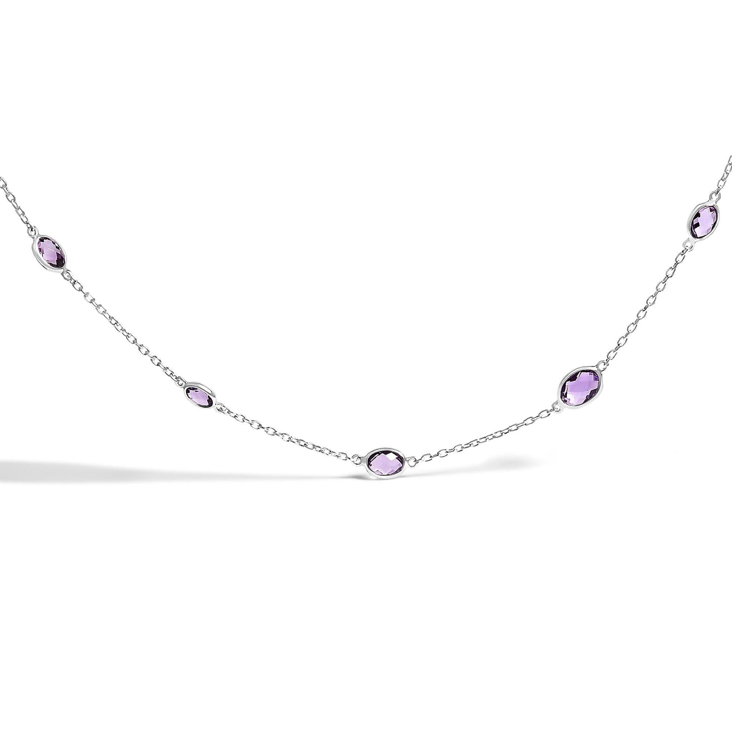 .925 Sterling Silver Checkerboard Cut Purple Amethyst Bezel Station Necklace - 22" Inches