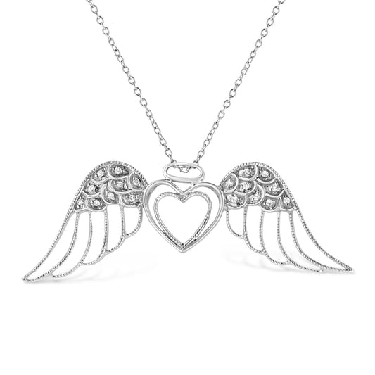 .925 Sterling Silver Pave-Set Diamond Accent Angel Wing 18" Double Heart Pendant Necklace (I-J Color, I1-I2 Clarity)
