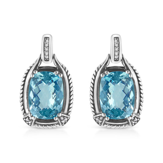 .925 Sterling Silver 14x10MM Cushion Cut Blue Topaz Gemstone and Diamond Accent Dangle Earring (I-J Color, I1-I2 Clarity)