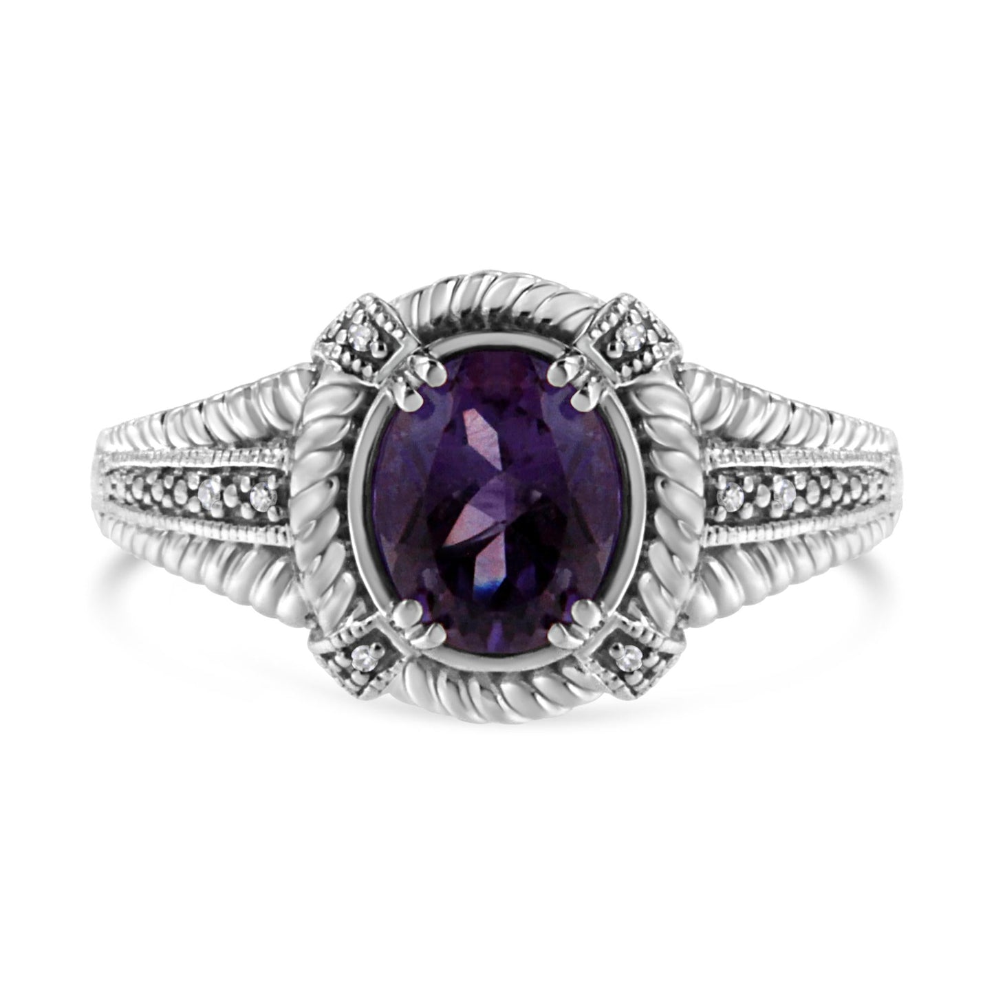 .925 Sterling Silver 9X7 Oval MM Purple Amethyst Solitaire and Diamond Accent Ring