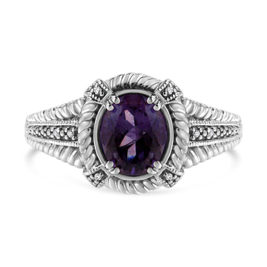 .925 Sterling Silver 9X7 Oval MM Purple Amethyst Solitaire and Diamond Accent Ring