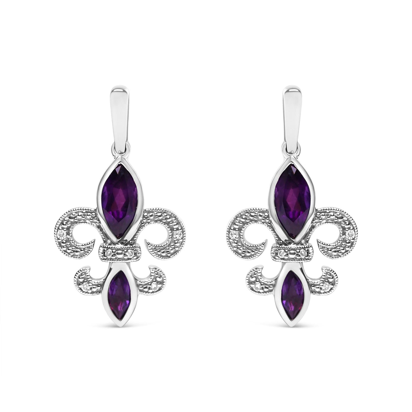 .925 Sterling Silver Marquise Cut Amethyst and Diamond Accent Fleur De Lis Dangle Stud Earrings (H-I Color, SI1-SI2 Clarity)