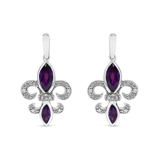 .925 Sterling Silver Marquise Cut Amethyst and Diamond Accent Fleur De Lis Dangle Stud Earrings (H-I Color, SI1-SI2 Clarity)