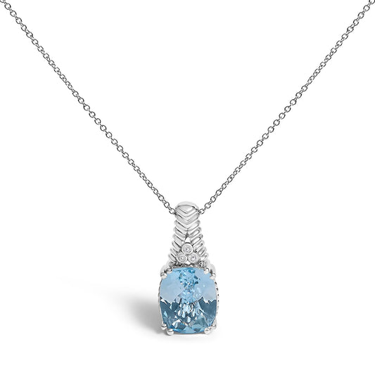 .925 Sterling Silver Blue Topaz and Diamond Accent Textured Pendant Necklace - 18" Inches