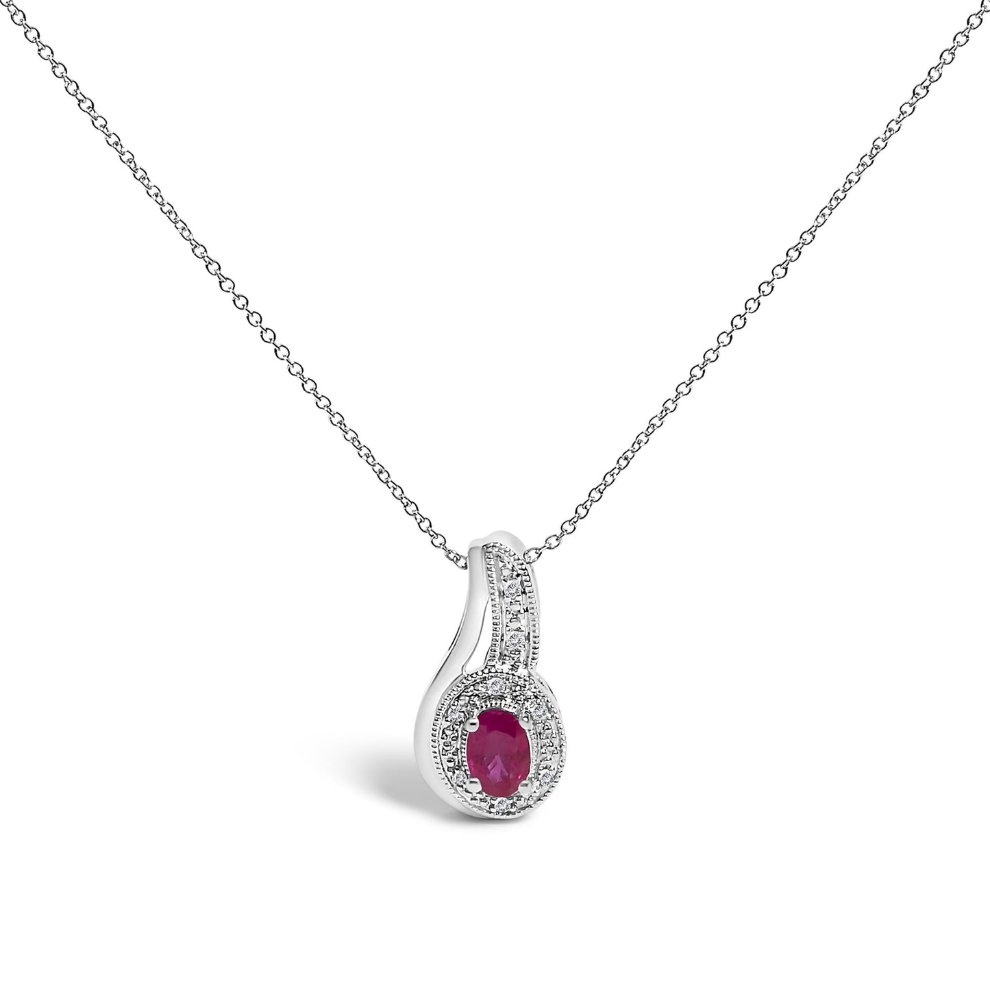 .925 Sterling Silver Red Ruby and Diamond Accent Milgrain Swirl Pendant Necklace - 18" Inches