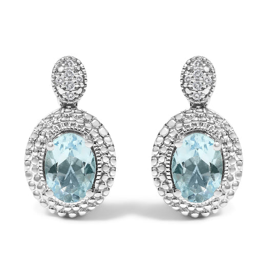 .925 Sterling Silver Diamond Accent and  Oval Blue Topaz with Beaded Halo Drop Stud Earrings (I-J color, I1-I2 Clarity)