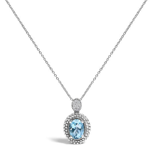 .925 Sterling Silver Oval Blue Topaz and Diamond Accent with Beaded Halo Pendant Necklace - 18" Inches