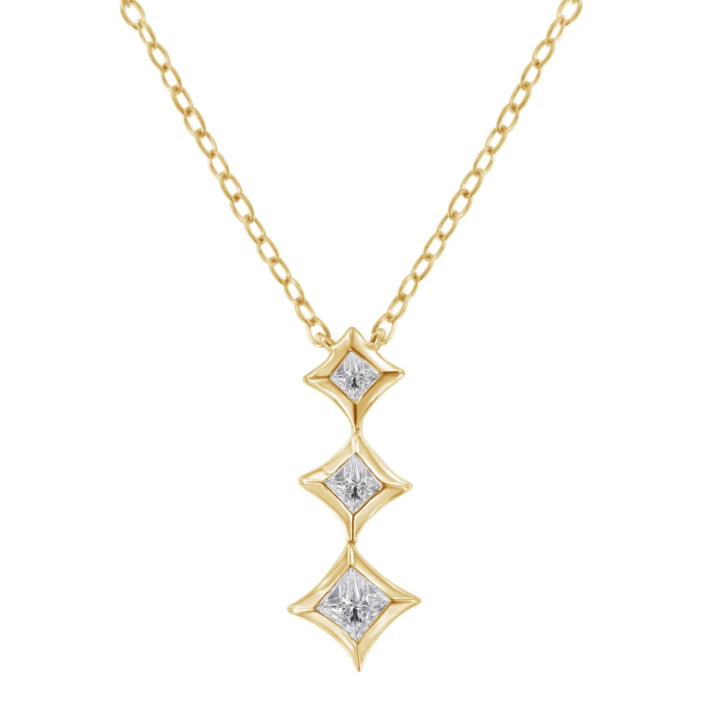 10K Gold 1/5 Cttw Princess Cut Diamond 3 Stone Drop 18" Pendant Necklace (H-I Color, SI2-I1 Clarity)