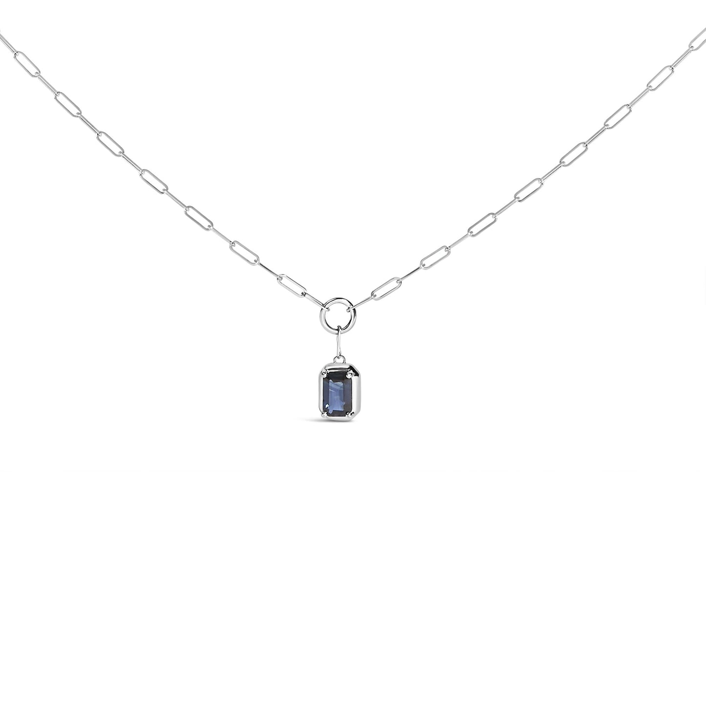 10K White Gold Emerald Cut 6x4 MM Blue Sapphire Solitaire Pendant Necklace - 18 inch