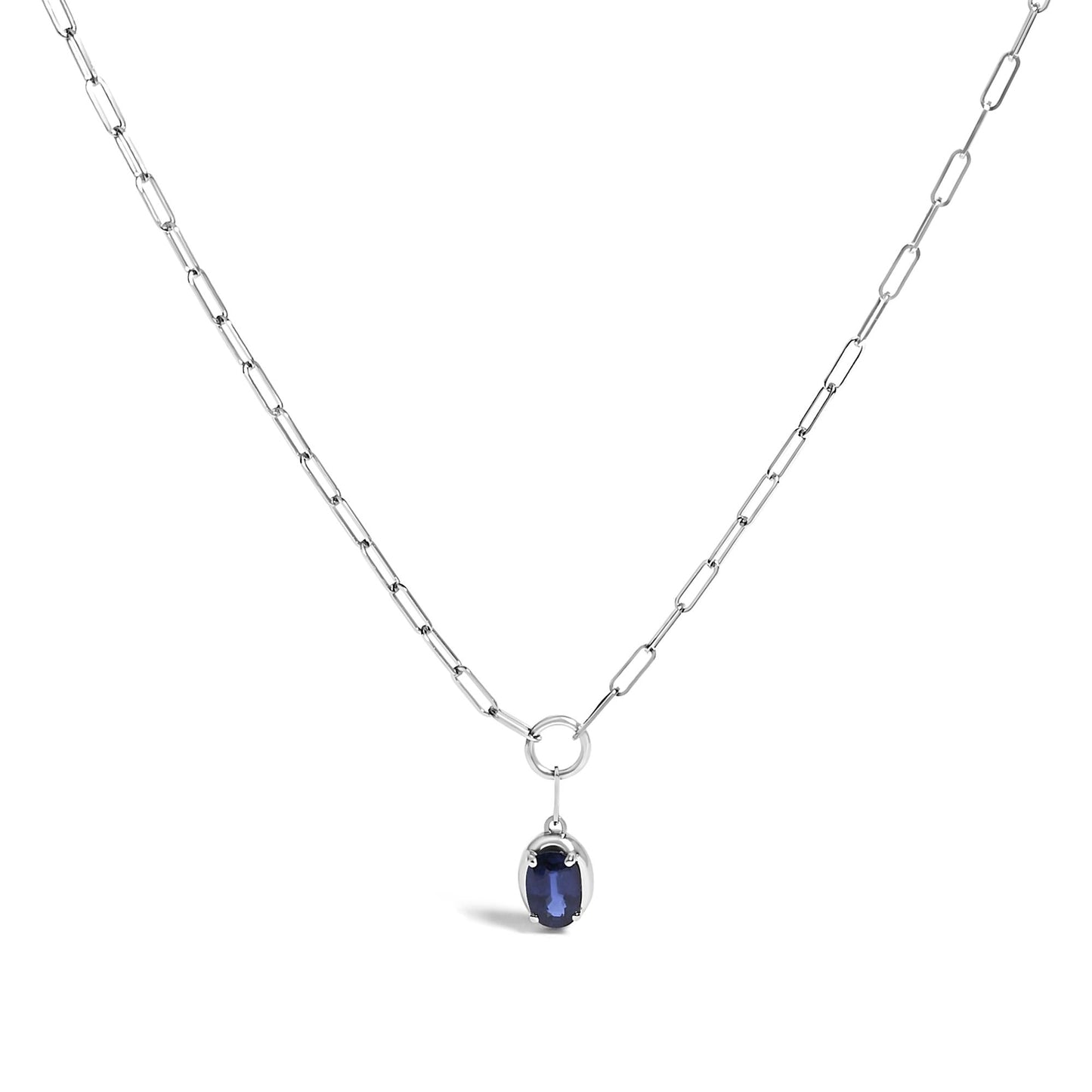 10K White Gold 6x4 mm Oval Blue Sapphire Solitaire Paperclip Pendant Necklace - 18" Inches