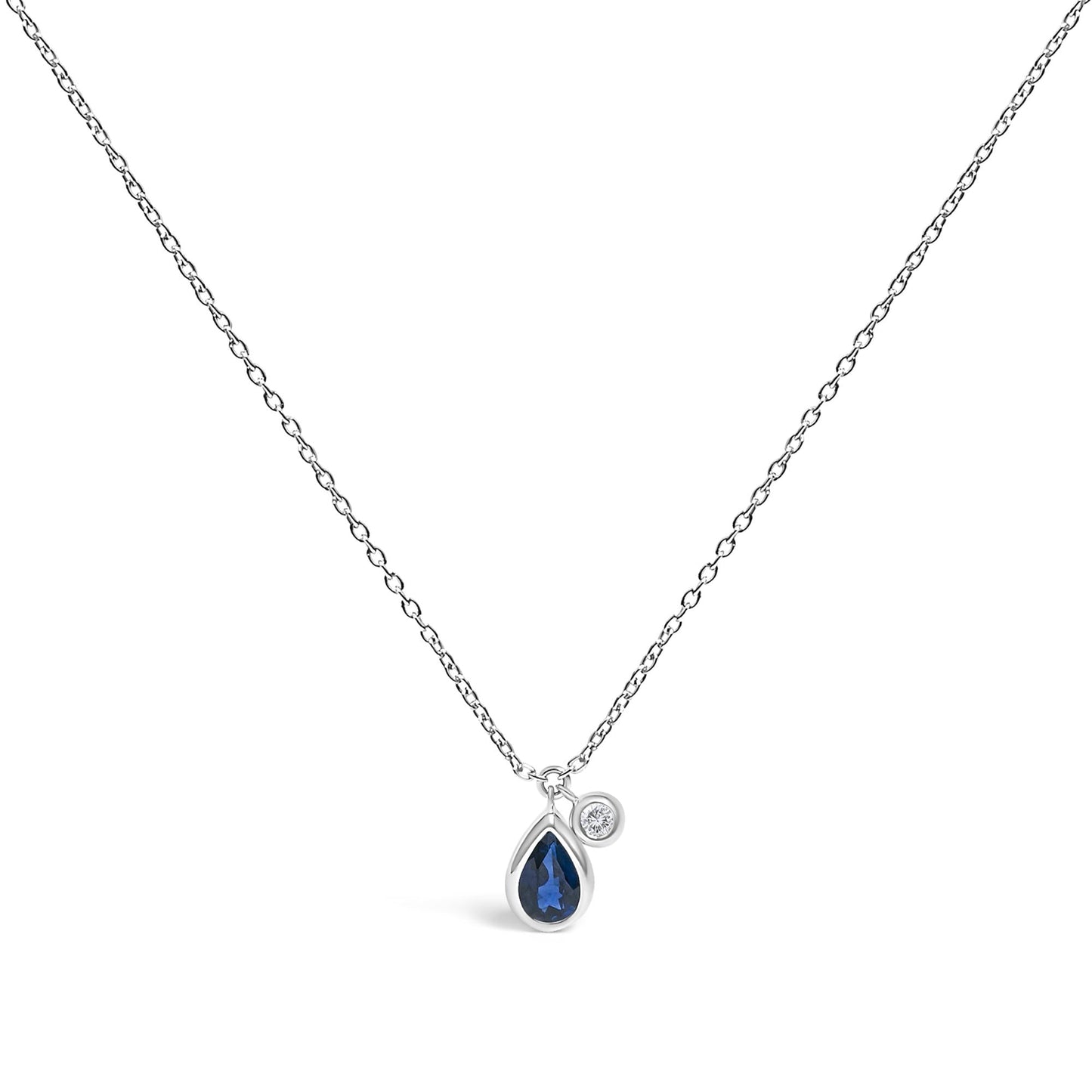 14K White Gold 6x4mm Pear Blue Sapphire and Diamond Accent Charm Pendant Necklace - 18" Inches