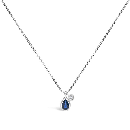 14K White Gold 6x4mm Pear Blue Sapphire and Diamond Accent Charm Pendant Necklace - 18" Inches