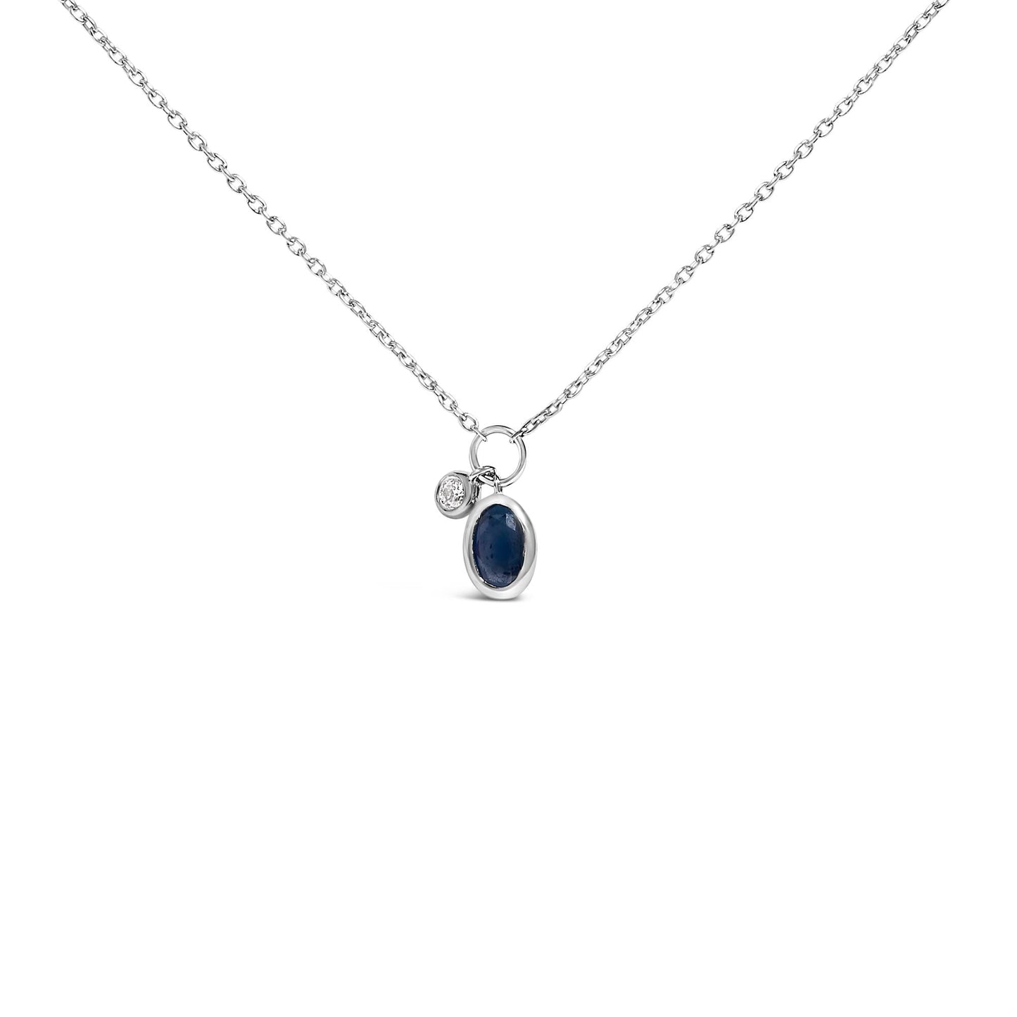 10K White Gold Oval Blue Sapphire and Diamond Double Charm Pendant Necklace - 18" Inches